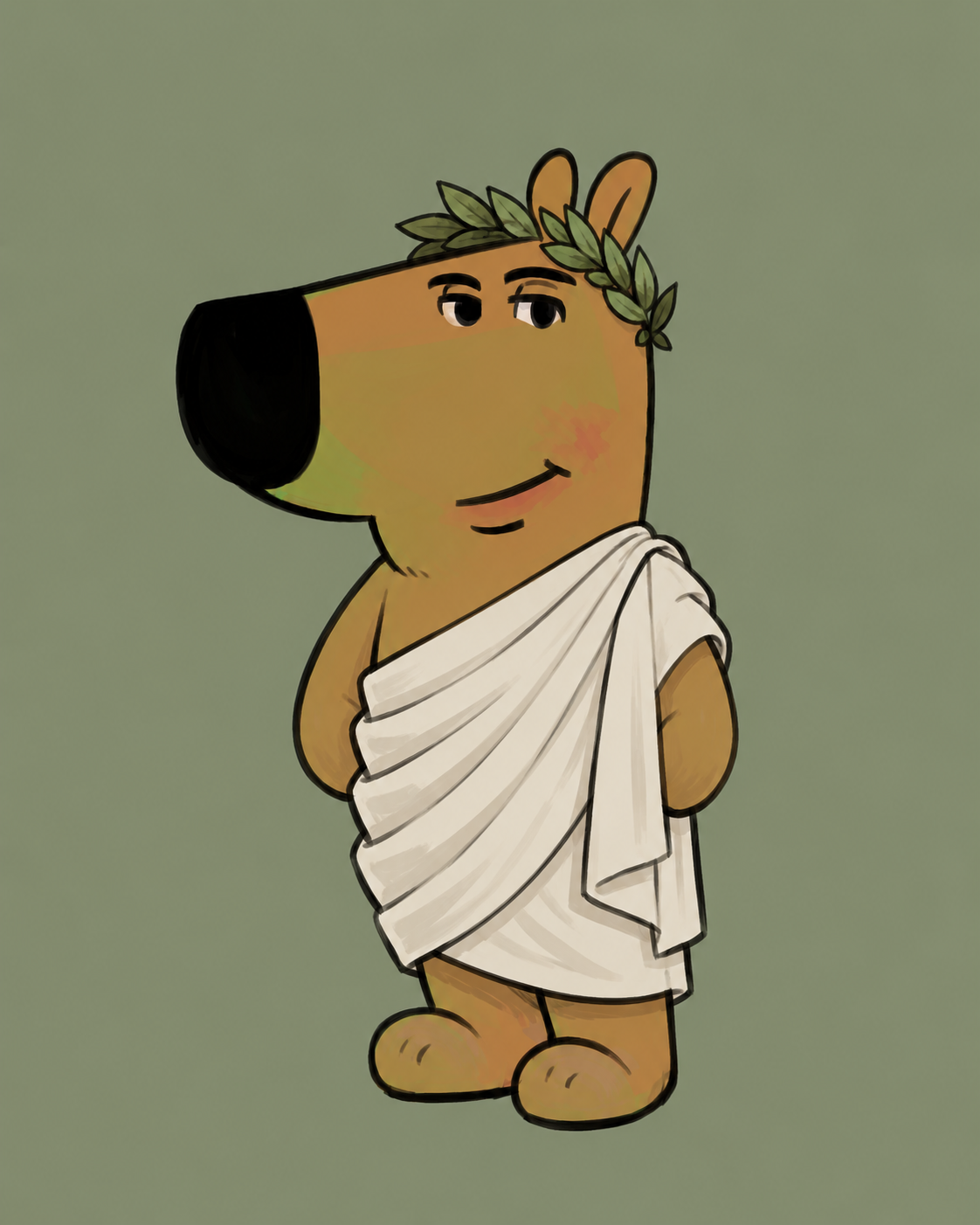 Agrippa, a laid-back capybara wearing a Roman toga and olive wreath